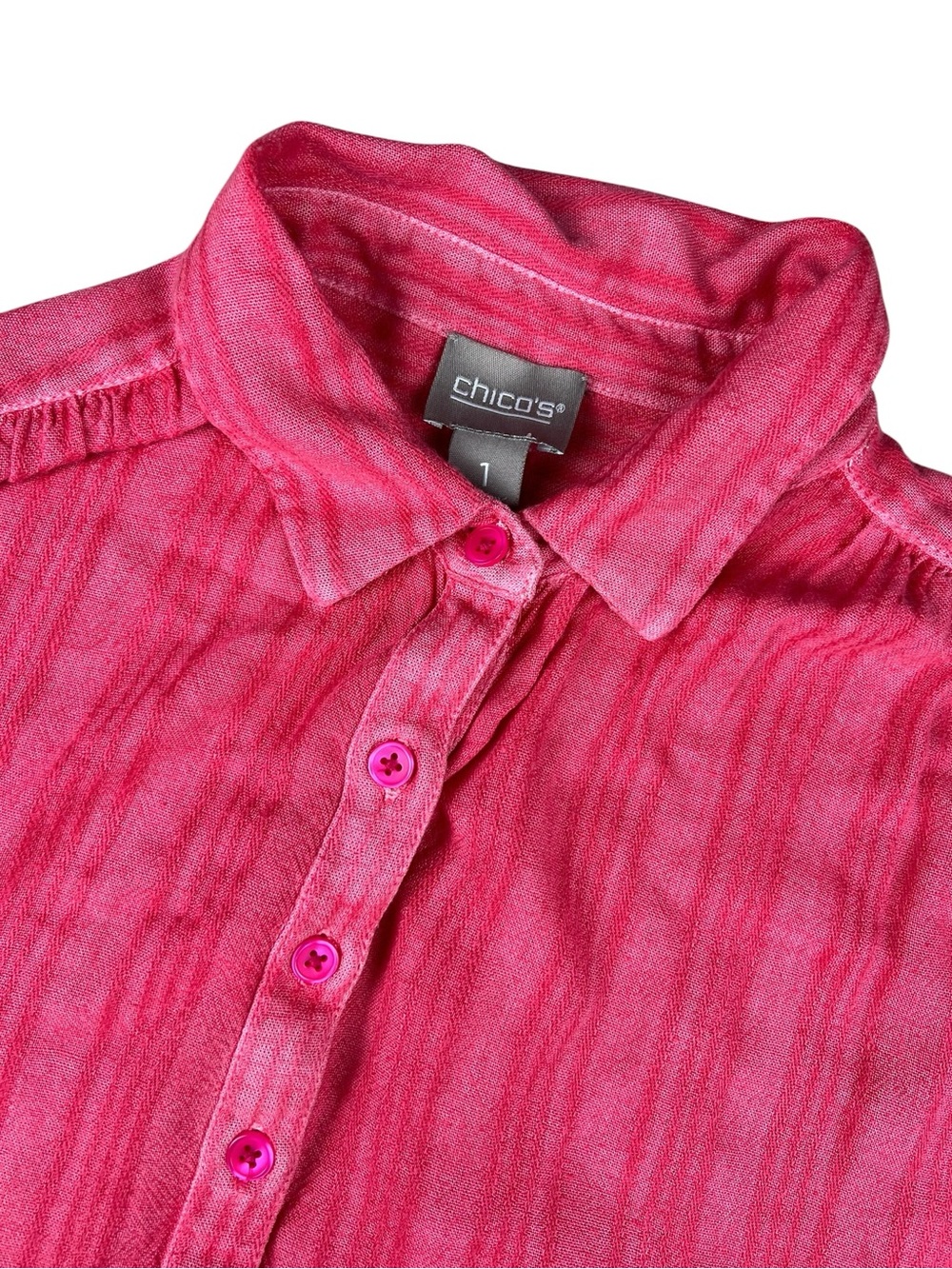 Chico's Popover Top Womens Size 1 Linen Blend Pink Striped Roll Tab Sleeves